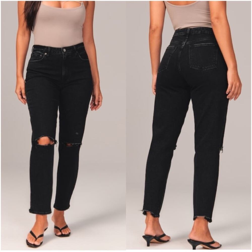 Abercrombie & Fitch Curve Love High Rise Mom Jean in Black Destroy